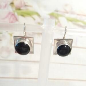 925 Sterling Silver Dangle Drop Earrings Cabochon Black Onyx Art Deco Hook Lot